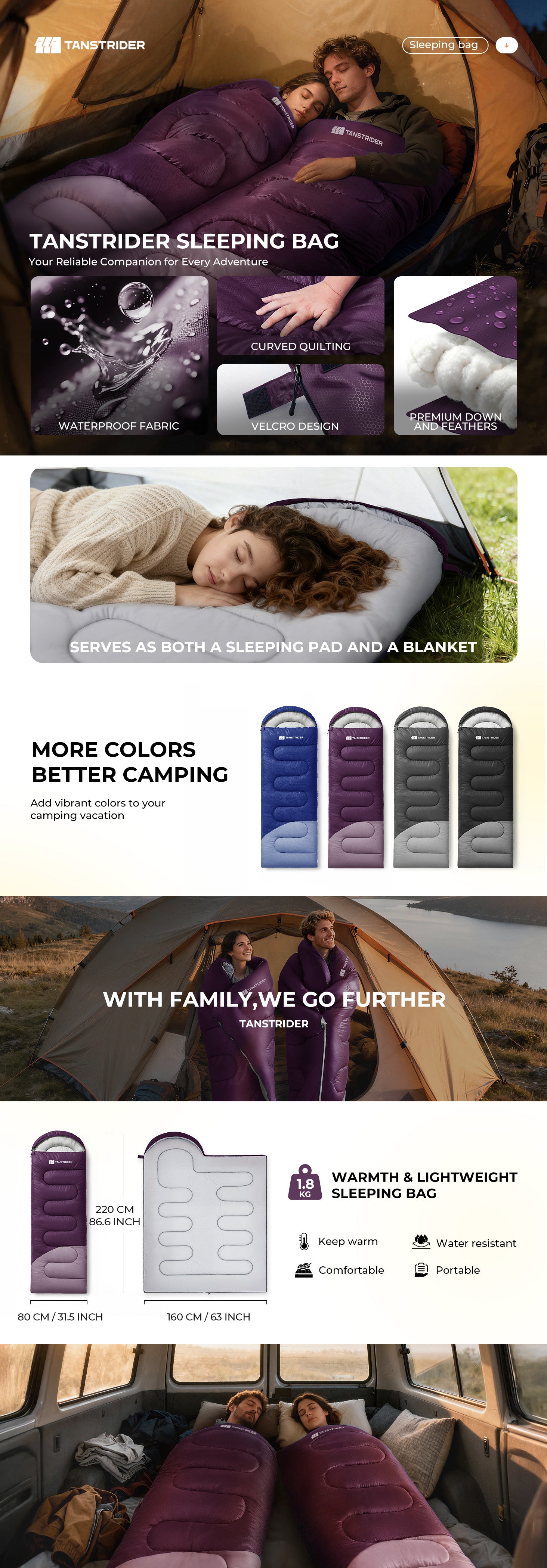 Puff Hooded Camping Sleeping Bag – Purple
